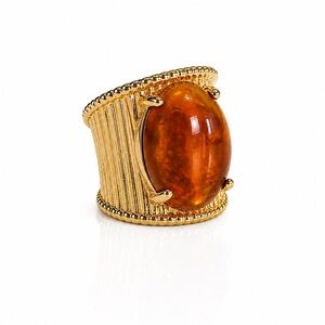 Gold-Plated Wide Band Ring with Amber Cabochon
